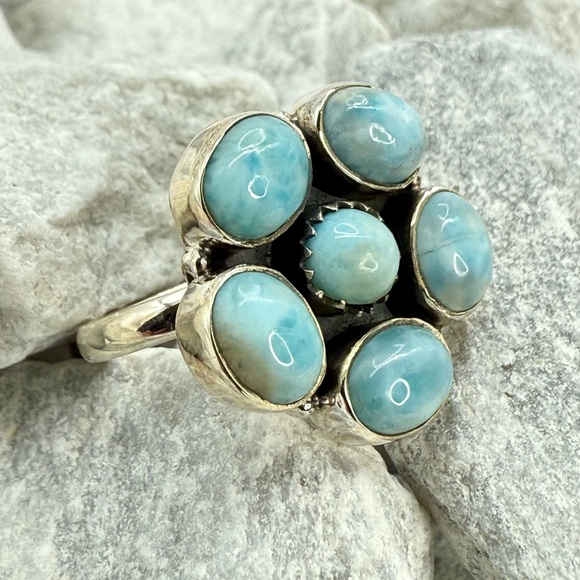 Sterling Silver Larimar Floral Cluster Ring Size 10 Boho Southwestern 925 - Picture 1 of 17